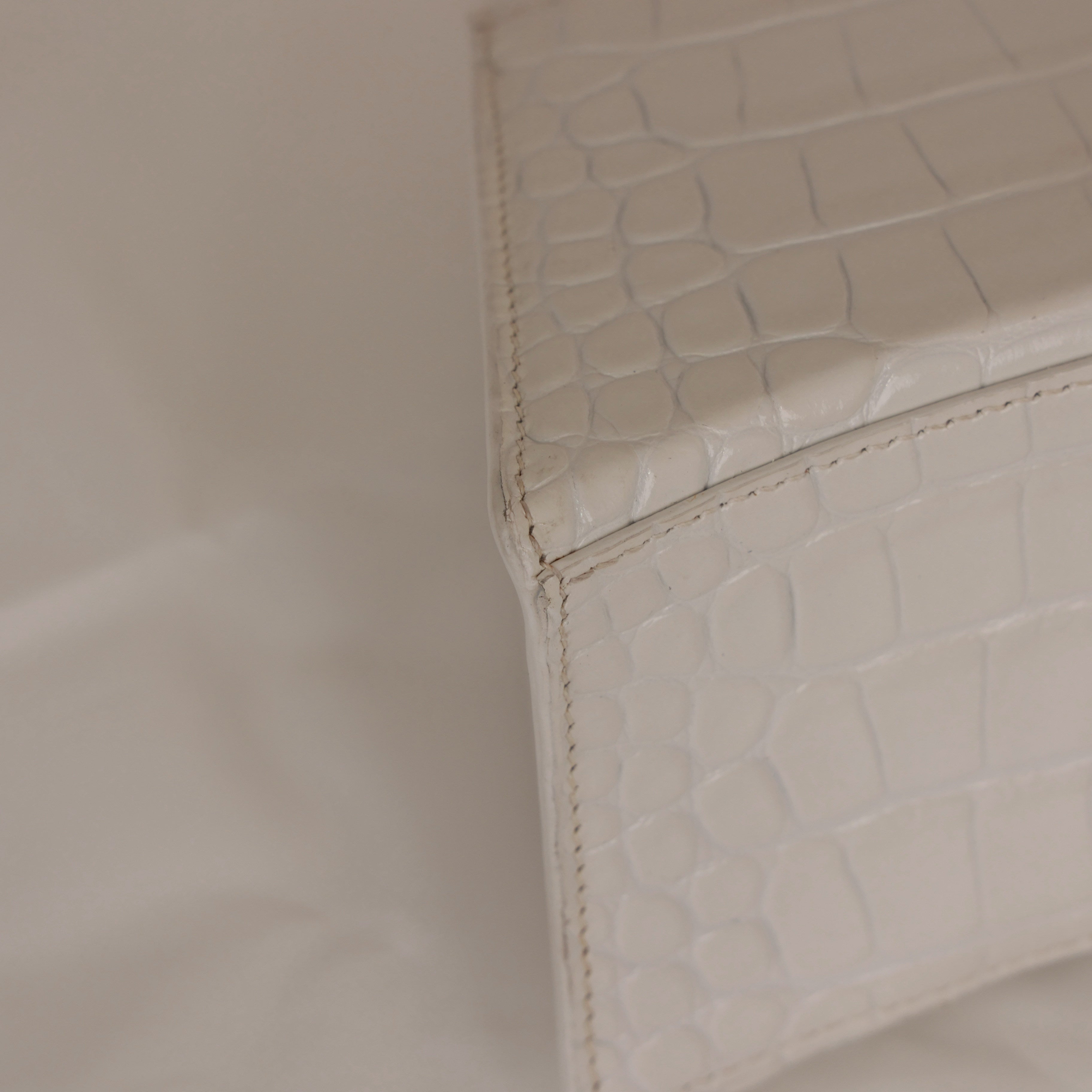 White Croc Embossed Leather Small Hourglass Top Handle Bag w/ Strap