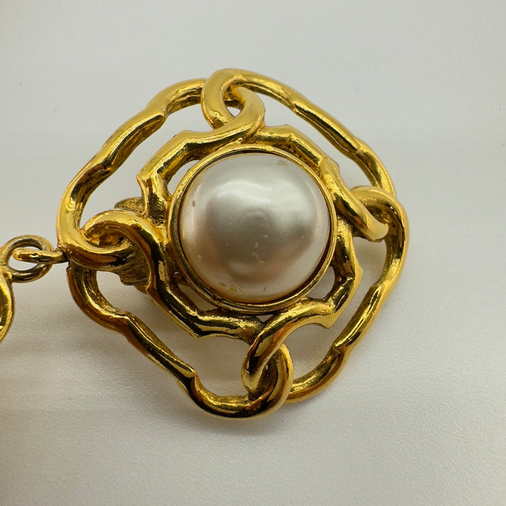 Chanel Faux Pearl Gold-Tone Camellia Drop Earrings