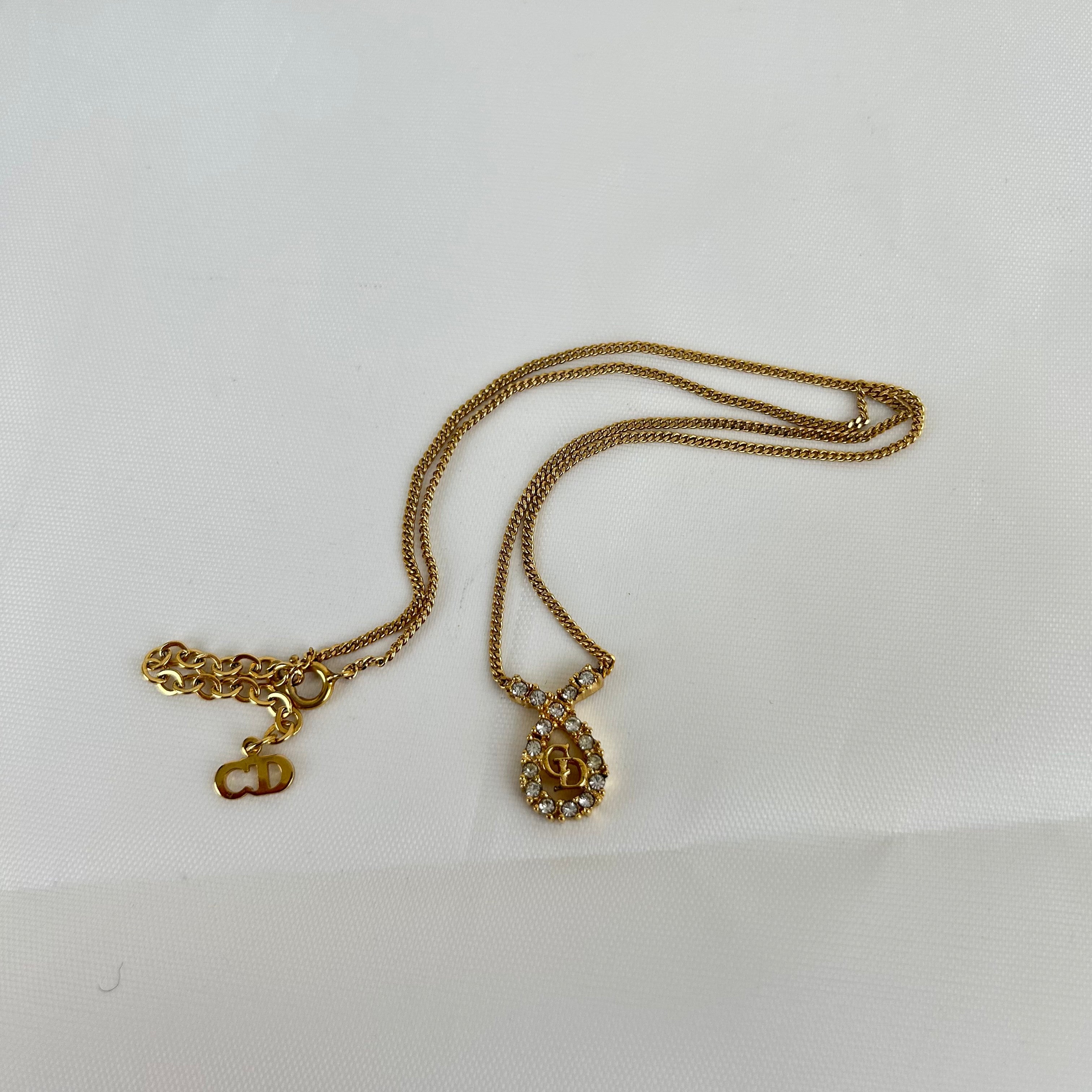クリスチャン・ディオール Ribbon Motif ネックレス ゴールド カラー GP Rhinestone Pendant ヴィンテージ Jewelry