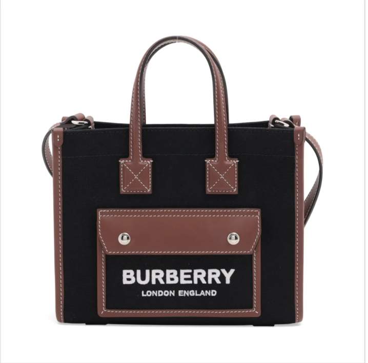 Burberry Mini Freya tote Canvas & Leather 2 Way Handbag Black × Brown