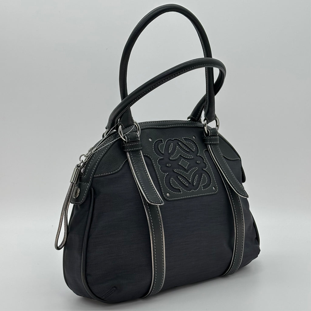 LOEWE Handbag Leather Nylon Black Silver Hardware