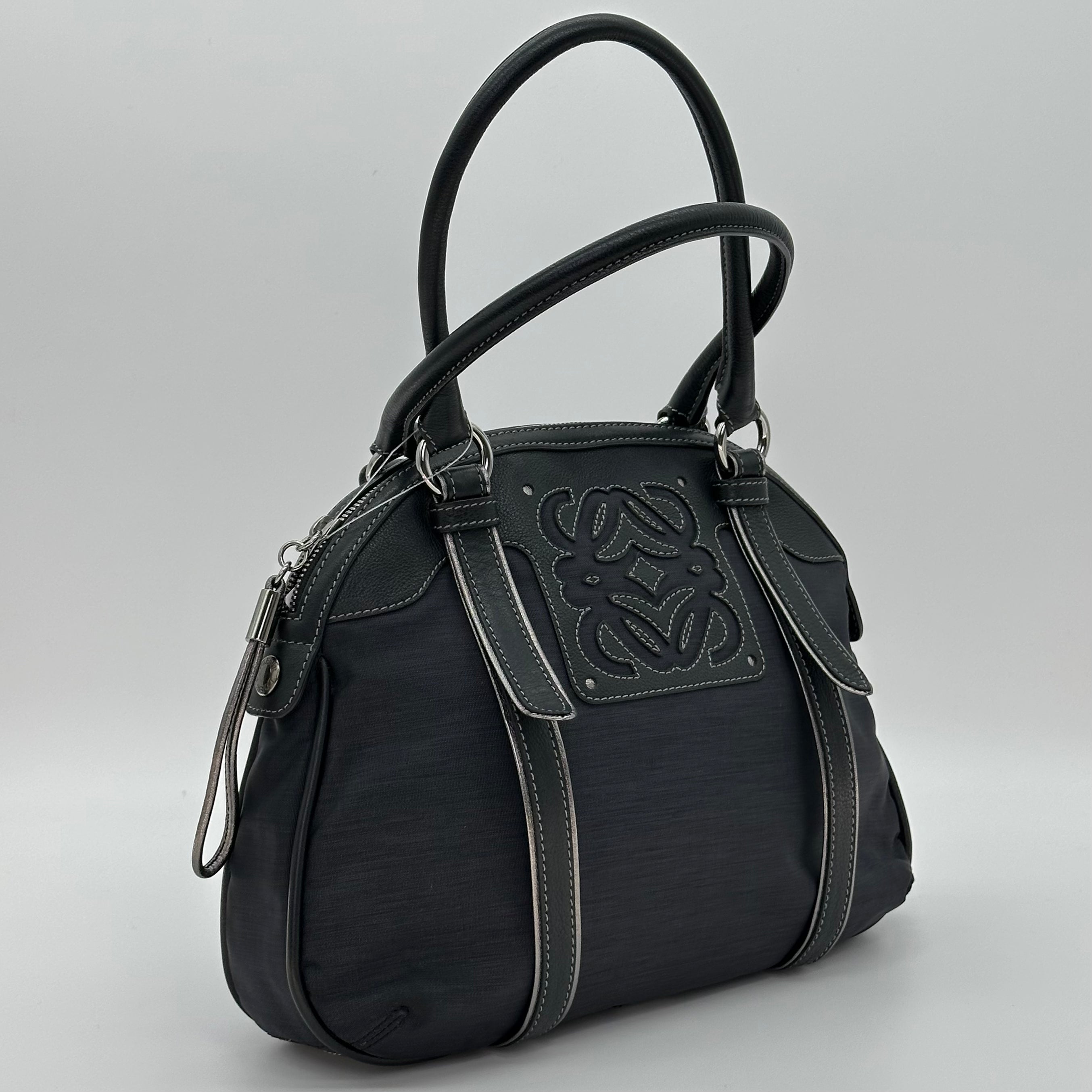 LOEWE Handbag Leather Nylon Black Silver Hardware