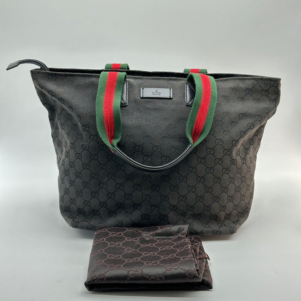 Gucci GG Canvas Leather Black Web Stripe Tote Bag