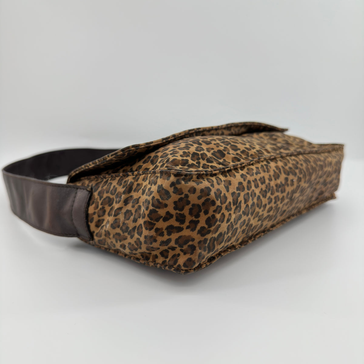 Bottega Veneta Vintage Leopard Print Triangle Logo Flap Shoulder Bag Brown