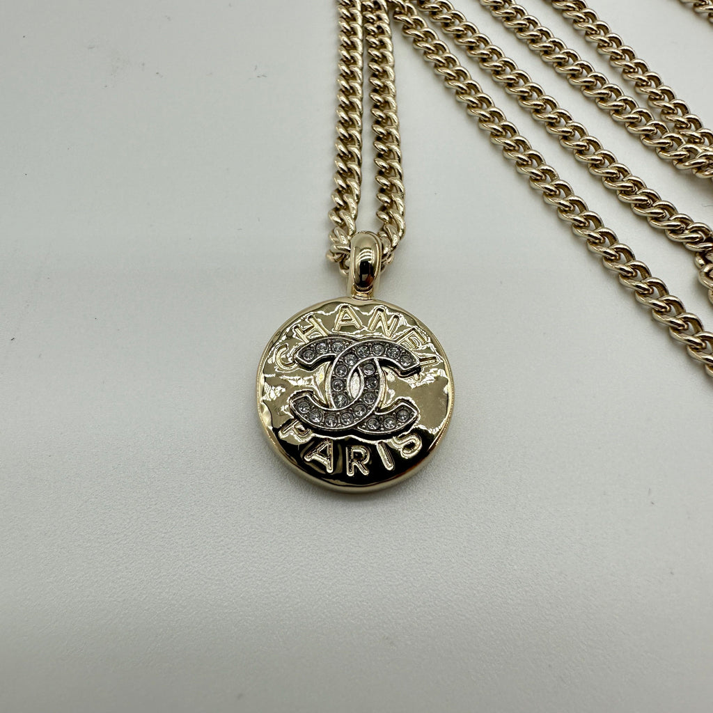 Chanel ABG026 Gold Rhinestone Coco Mark Coin Necklace