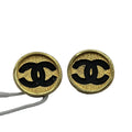 Chanel Gold Medallion Black Logo Clip-On Earrings Vintage