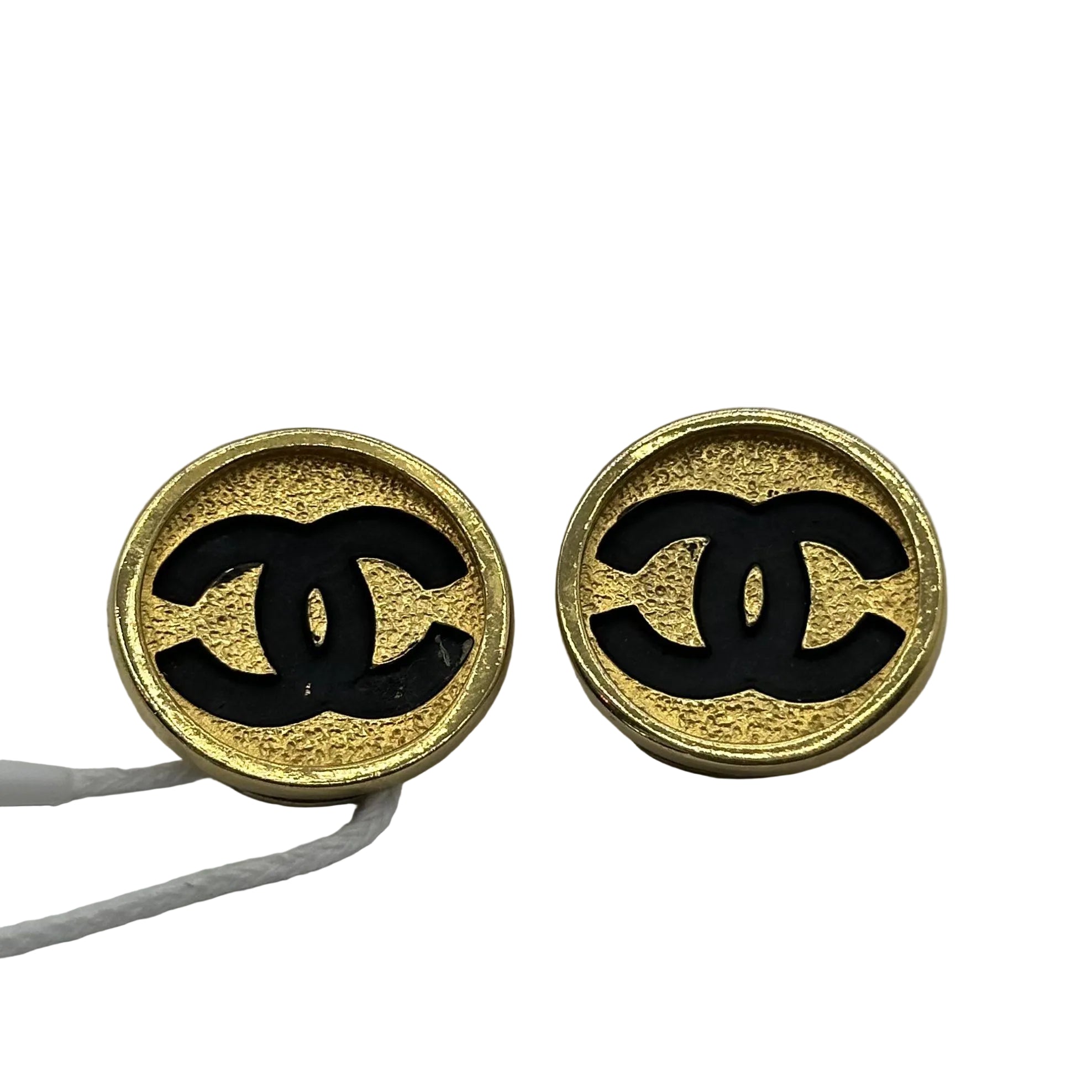 Chanel Gold Medallion Black Logo Clip-On Earrings Vintage