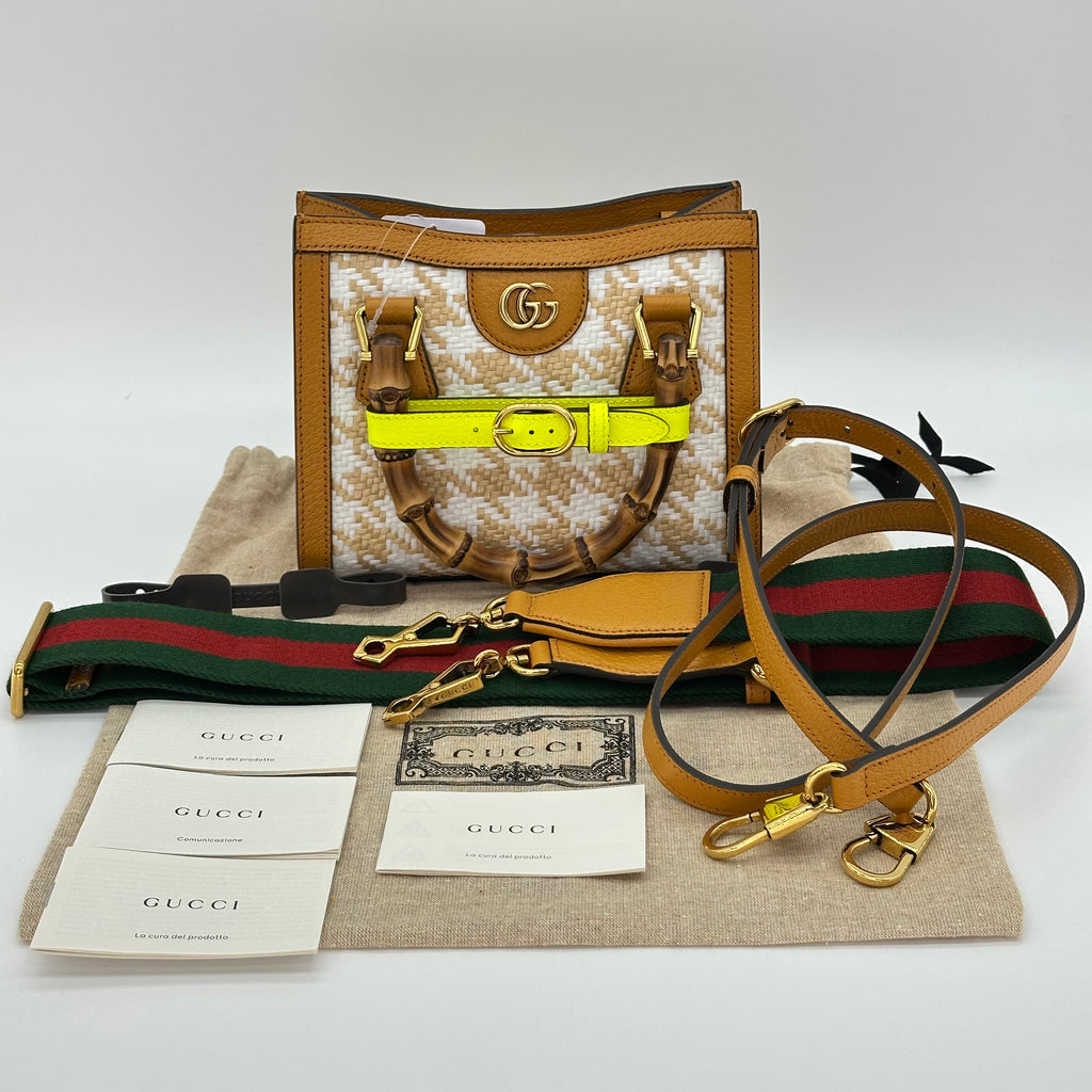 Gucci handbag shoulder bag Bamboo Double G houndstooth pattern gold hardware Diana Small