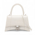 White Croc Embossed Leather Small Hourglass Top Handle Bag w/ Strap