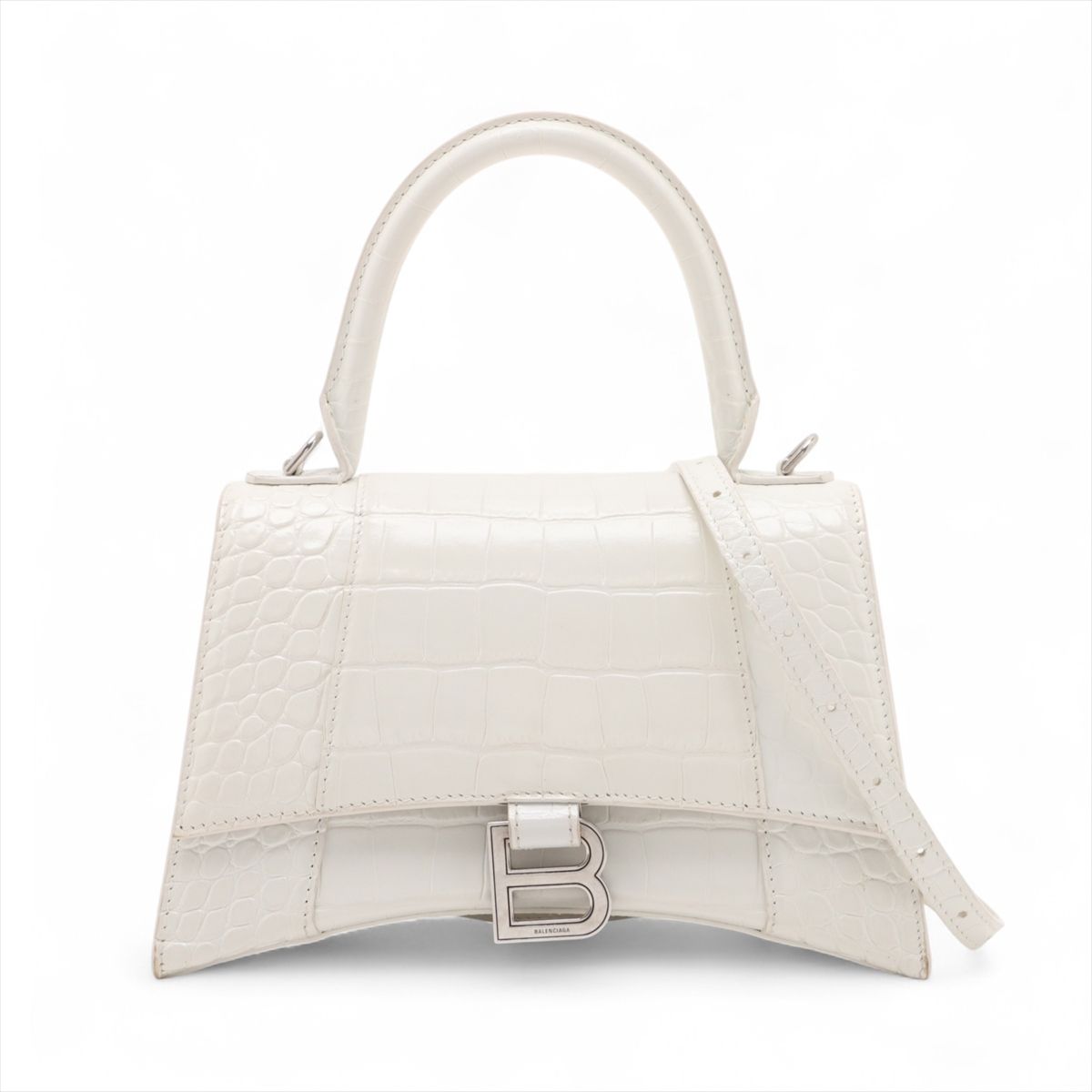 White Croc Embossed Leather Small Hourglass Top Handle Bag w/ Strap