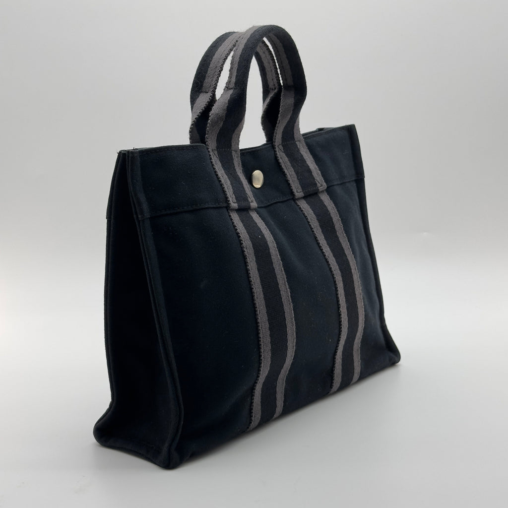 Hermes Striped Canvas Fourre Tout PM Black Tote Bag