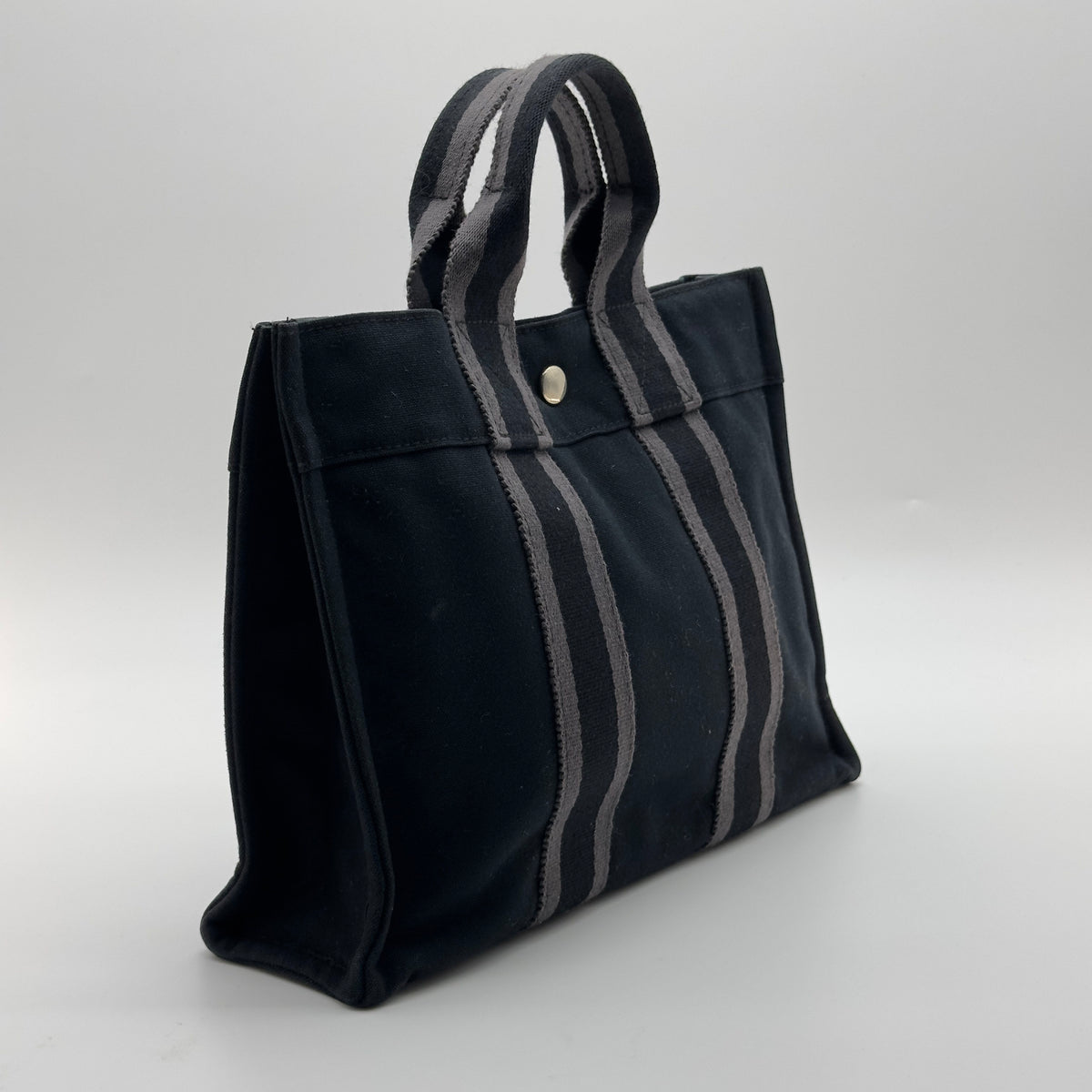 Hermes Striped Canvas Fourre Tout PM Black Tote Bag
