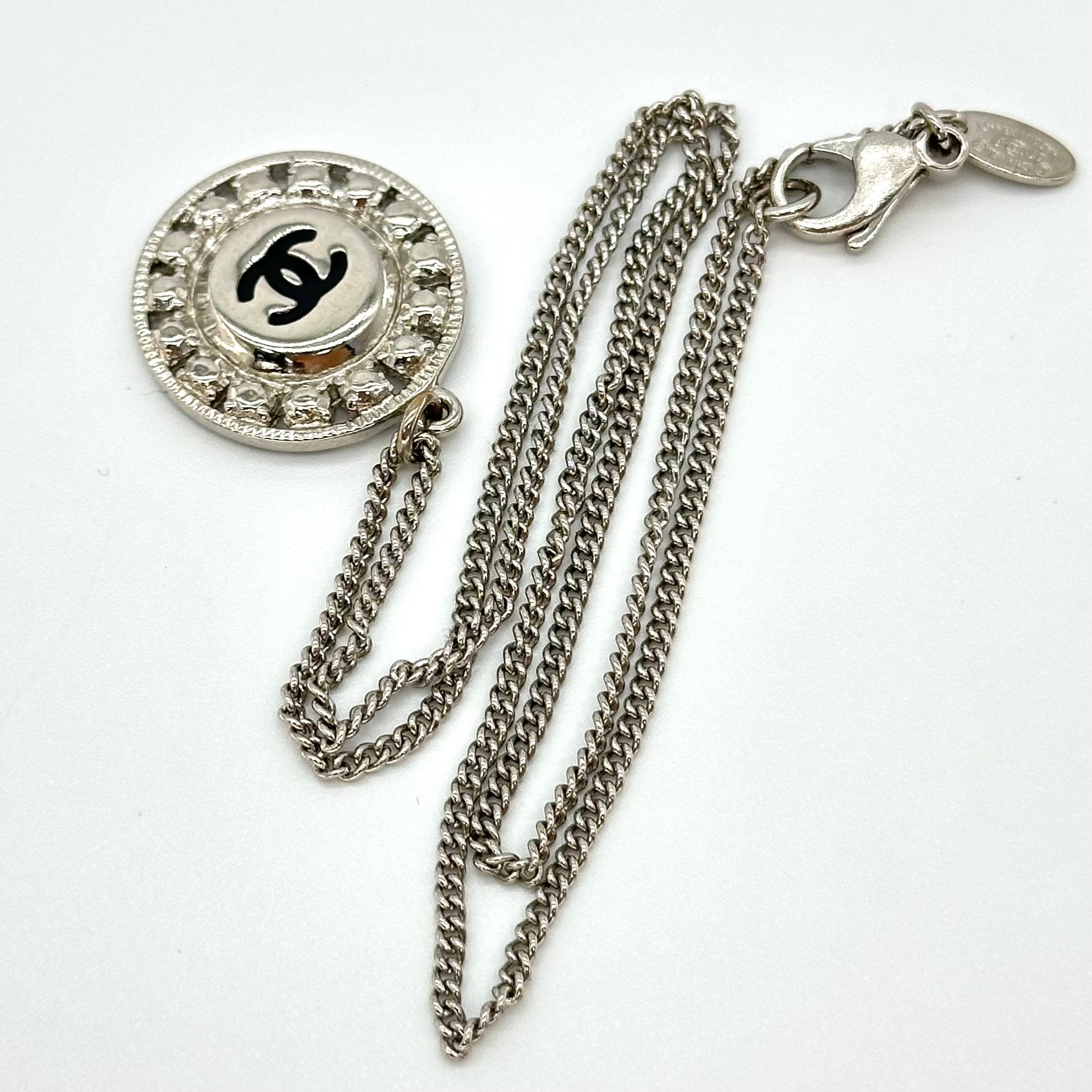 Chanel Vintage Cutout Double CC Coin Necklace Black Silver