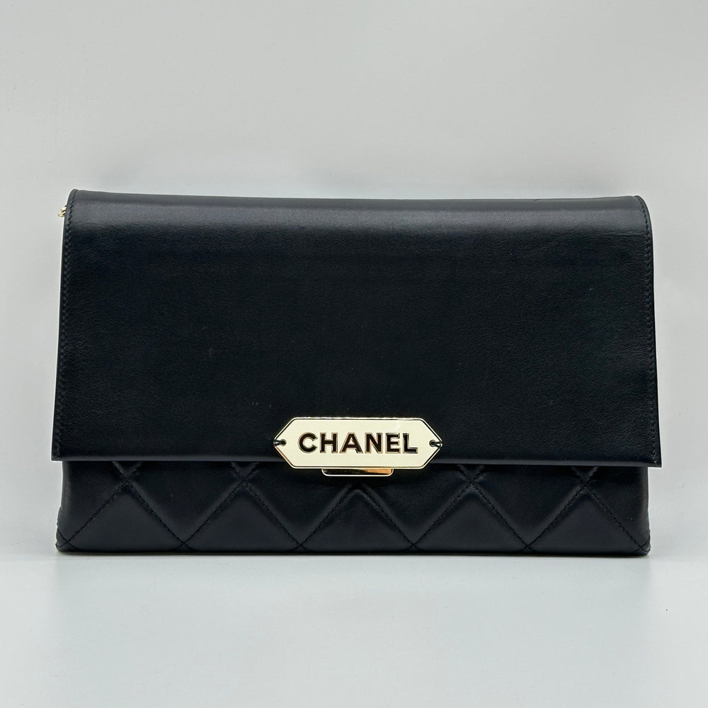 Chanel Matelasse Leather Logo Plate Black Crossbody Bag