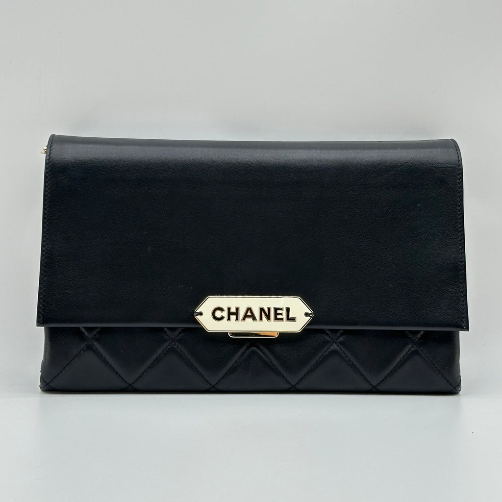 Chanel Matelasse Leather Logo Plate Black Crossbody Bag