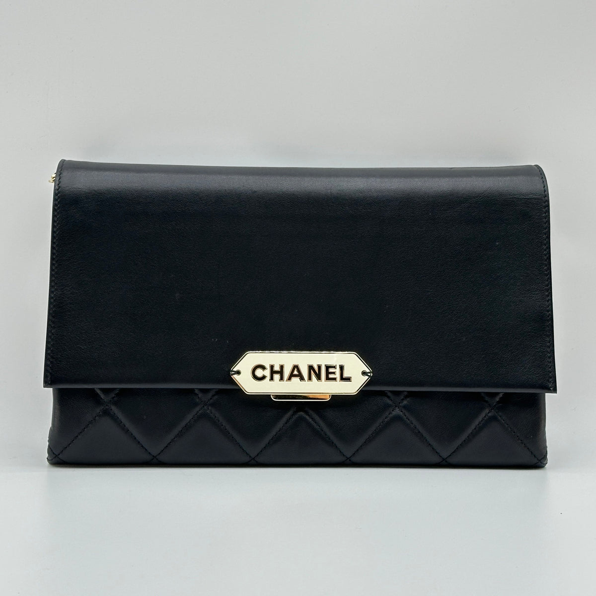 Chanel Matelasse Leather Logo Plate Black Crossbody Bag