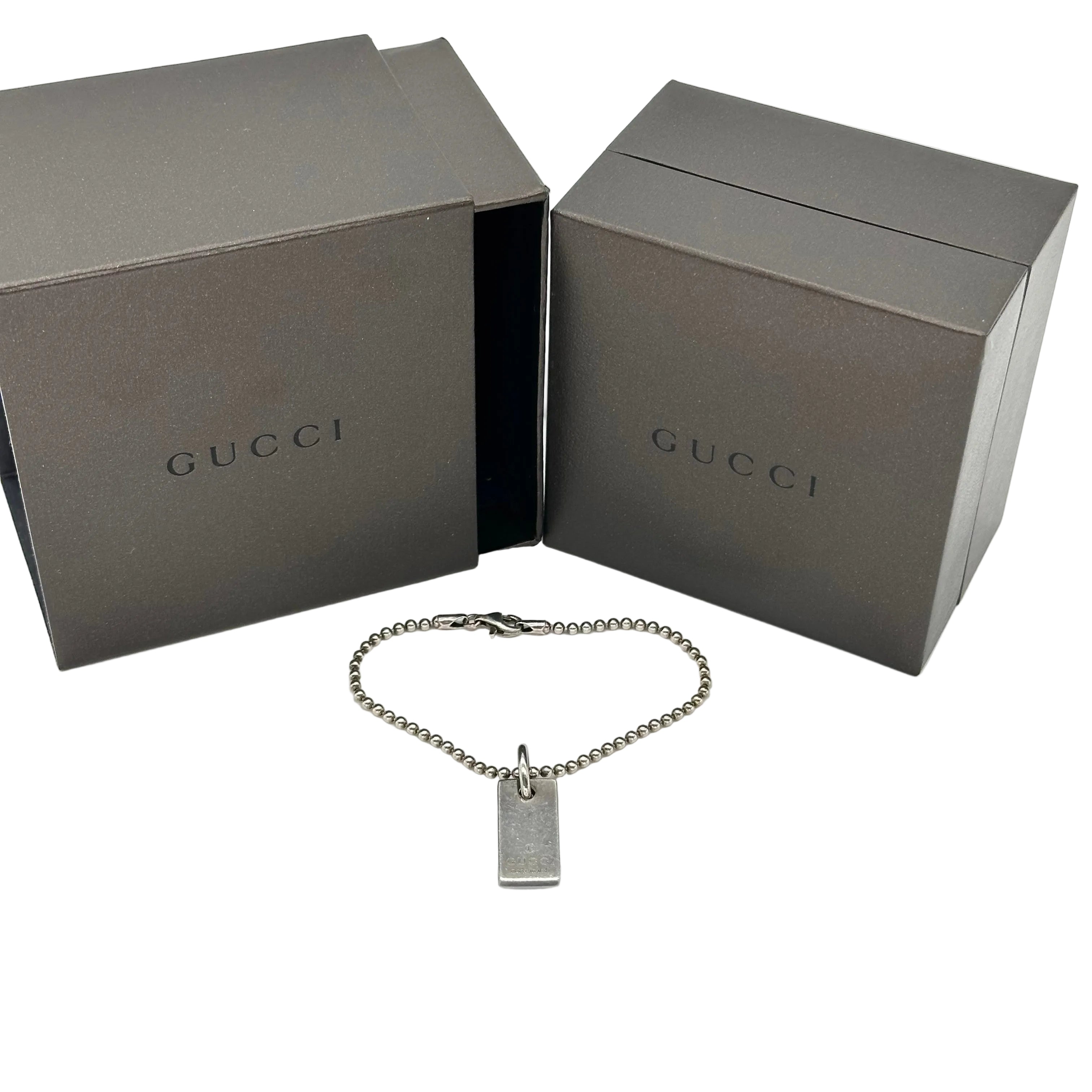 Gucci Silver Plate Ball Chain Bracelet Logo Bracelet