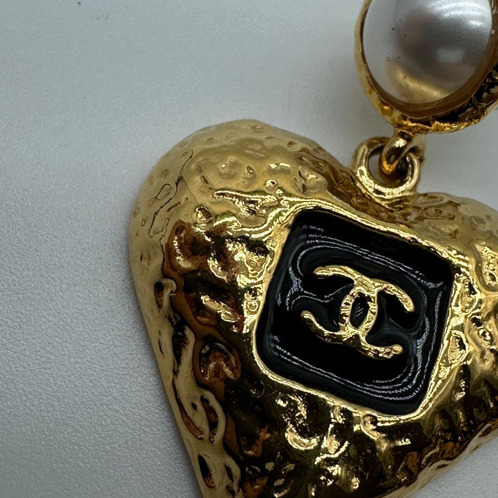 Chanel Gold-Tone Black Enamel CC Logo Faux Pearl Heart Drop Earrings