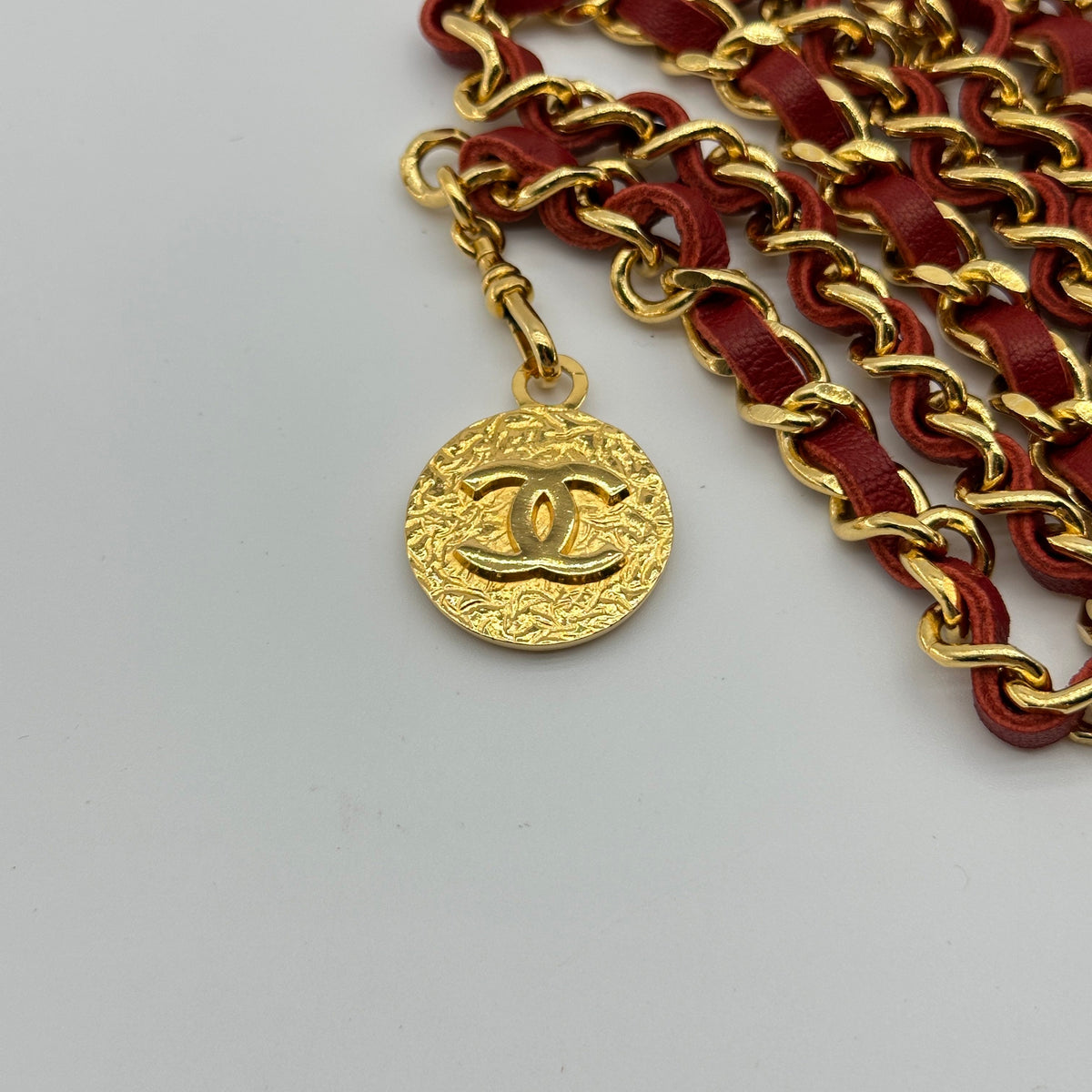 Chanel Gold Leather Chain Coco Mark Red Belt