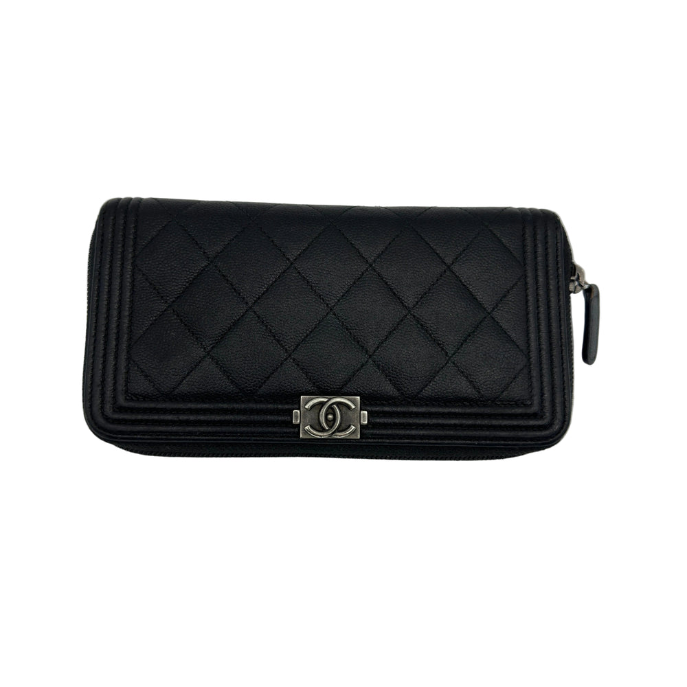 Chanel Quilted Caviar Calfskin Boy Black Zip-Around Long Wallet