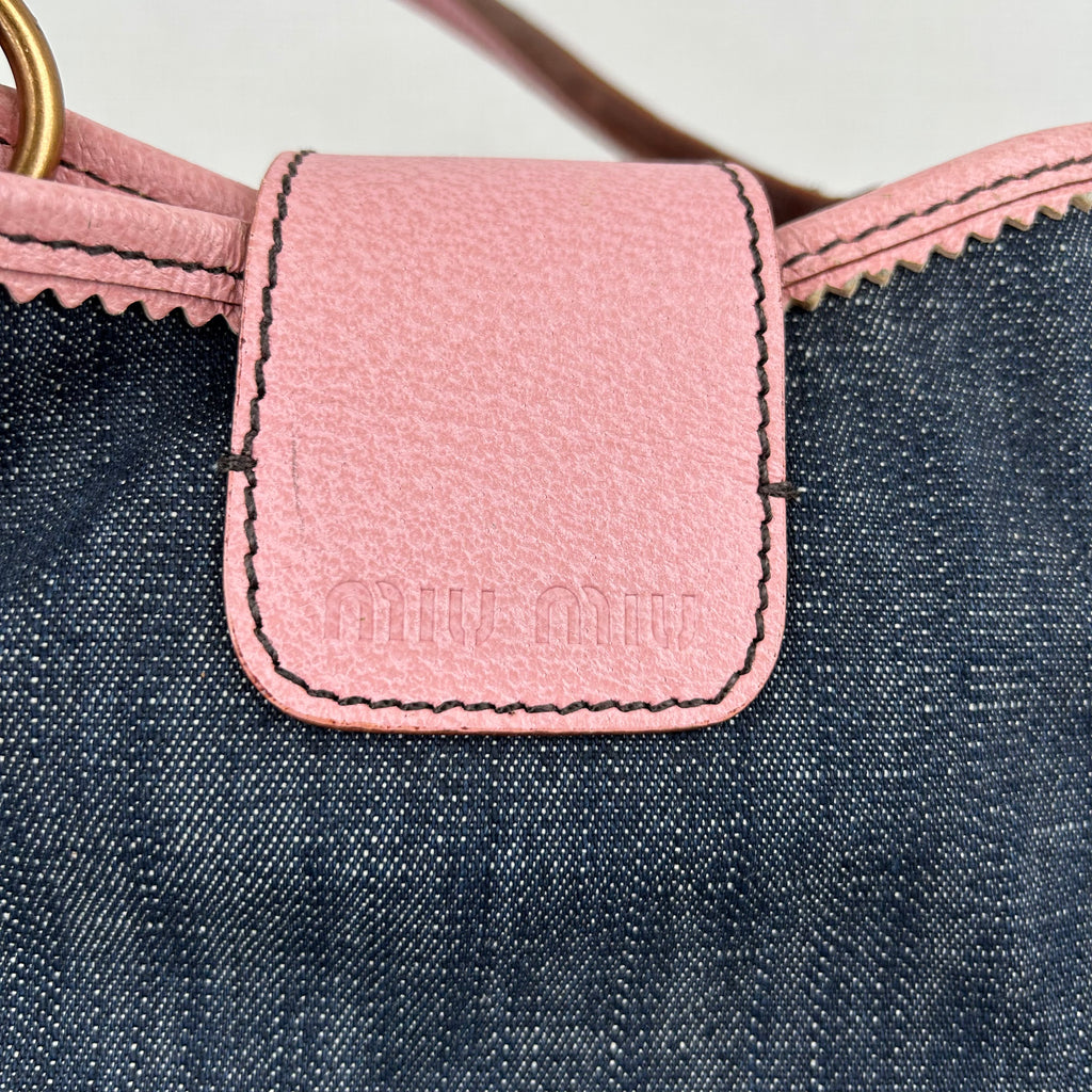 Miu Miu Denim Leather Tote Bag Gold Coin Hardware Pink 2Way Shoulder Handbag Casual Bag