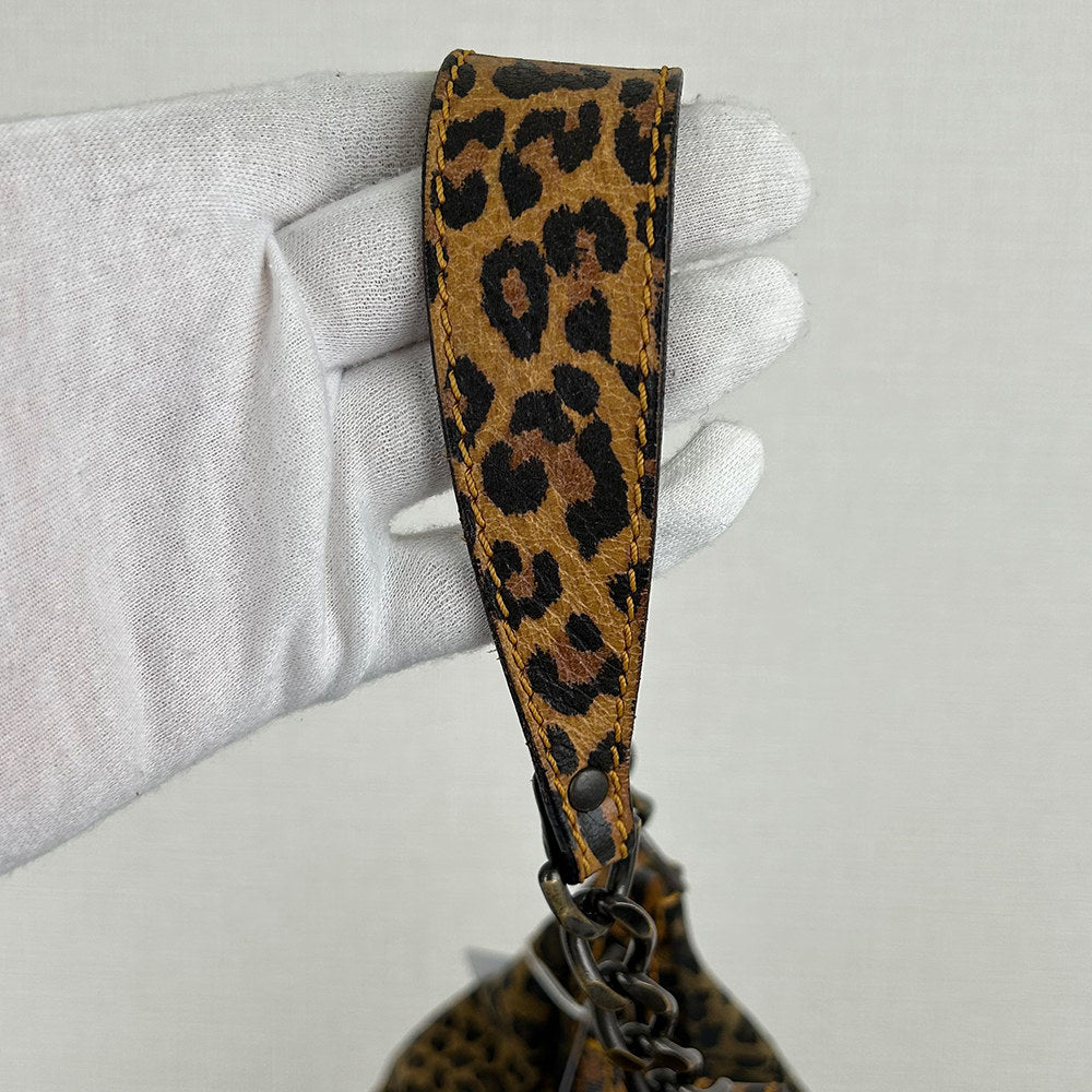 Fendi Leopard Print Canvas Shoulder Bag with Leather Chain Strap