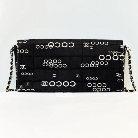 Chanel Canvas Coco Printed Quilted Medium Double Flap Black White