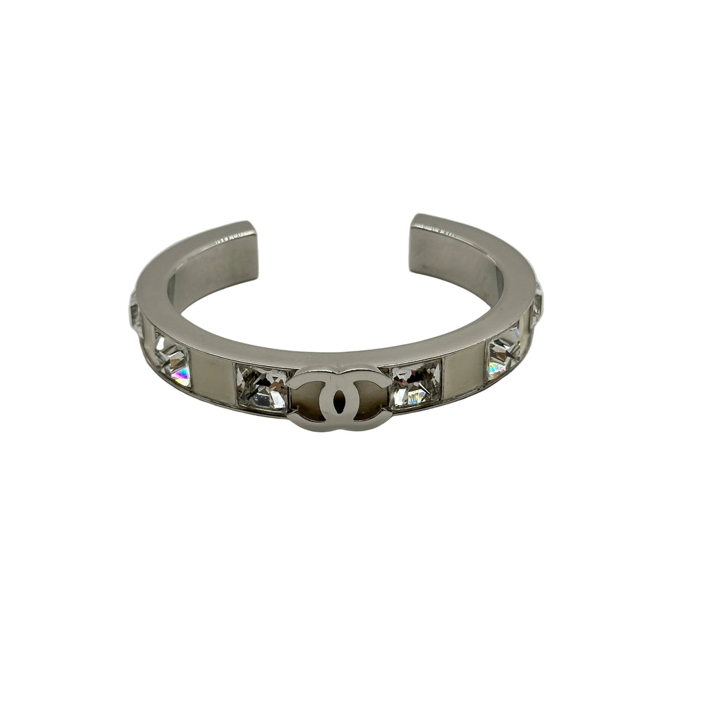 Chanel Silver White Enamel Crystal Coco Mark Bangle Bracelet