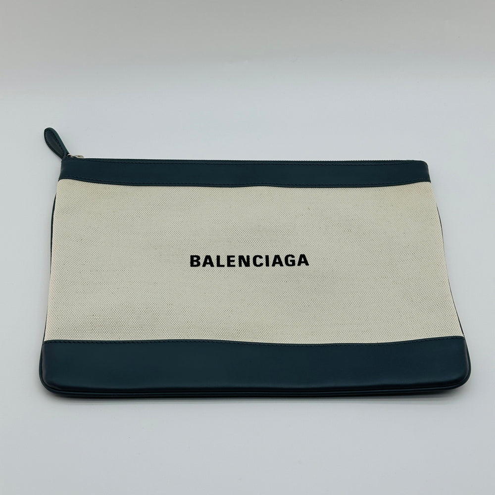 Balenciaga Cotton Canvas and Leather Navy Clip M Beige and Black Clutch Bag