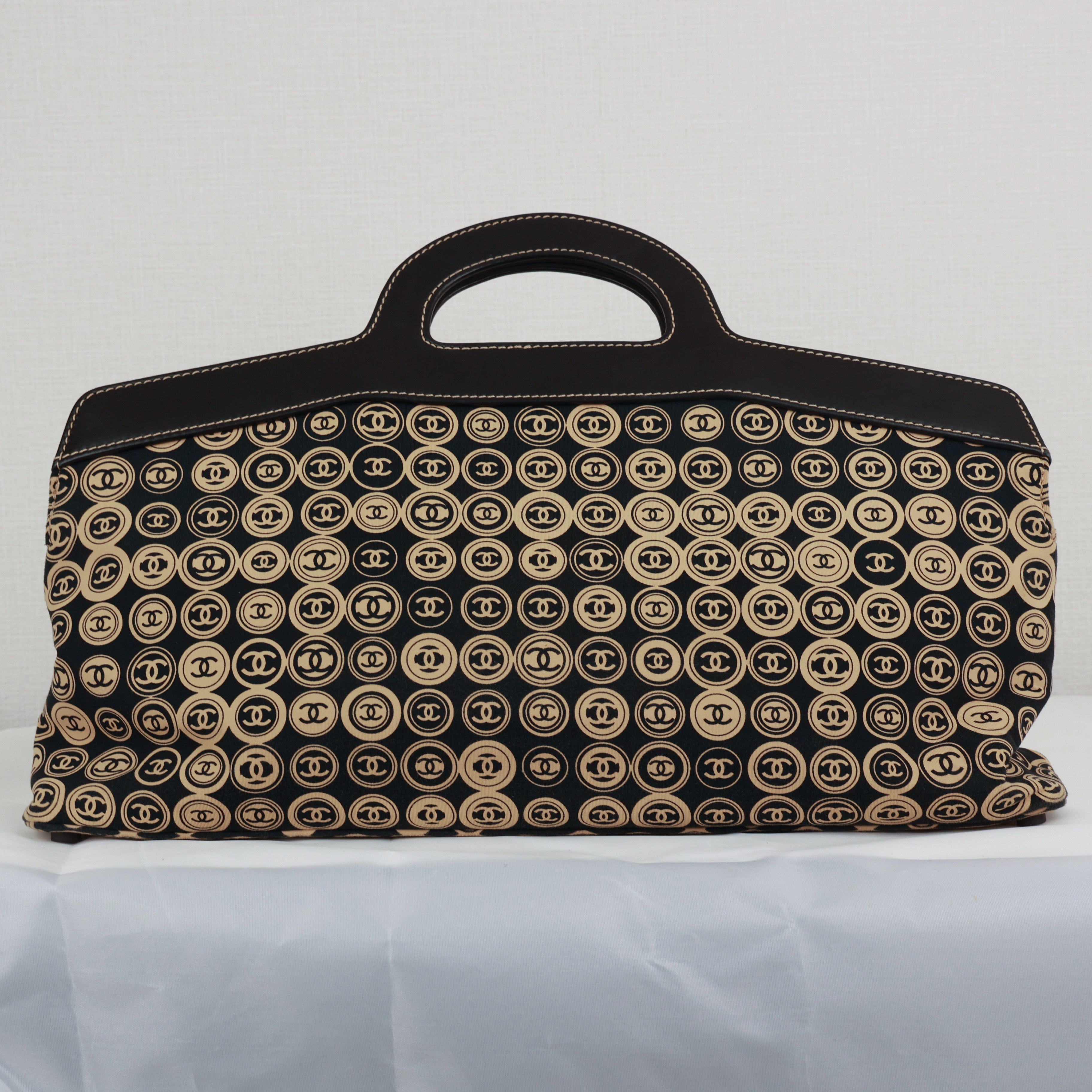 Chanel Coco Mark handbag Jersey Calfskin Printed Large Frame Handle Bag Beige Black 8 series