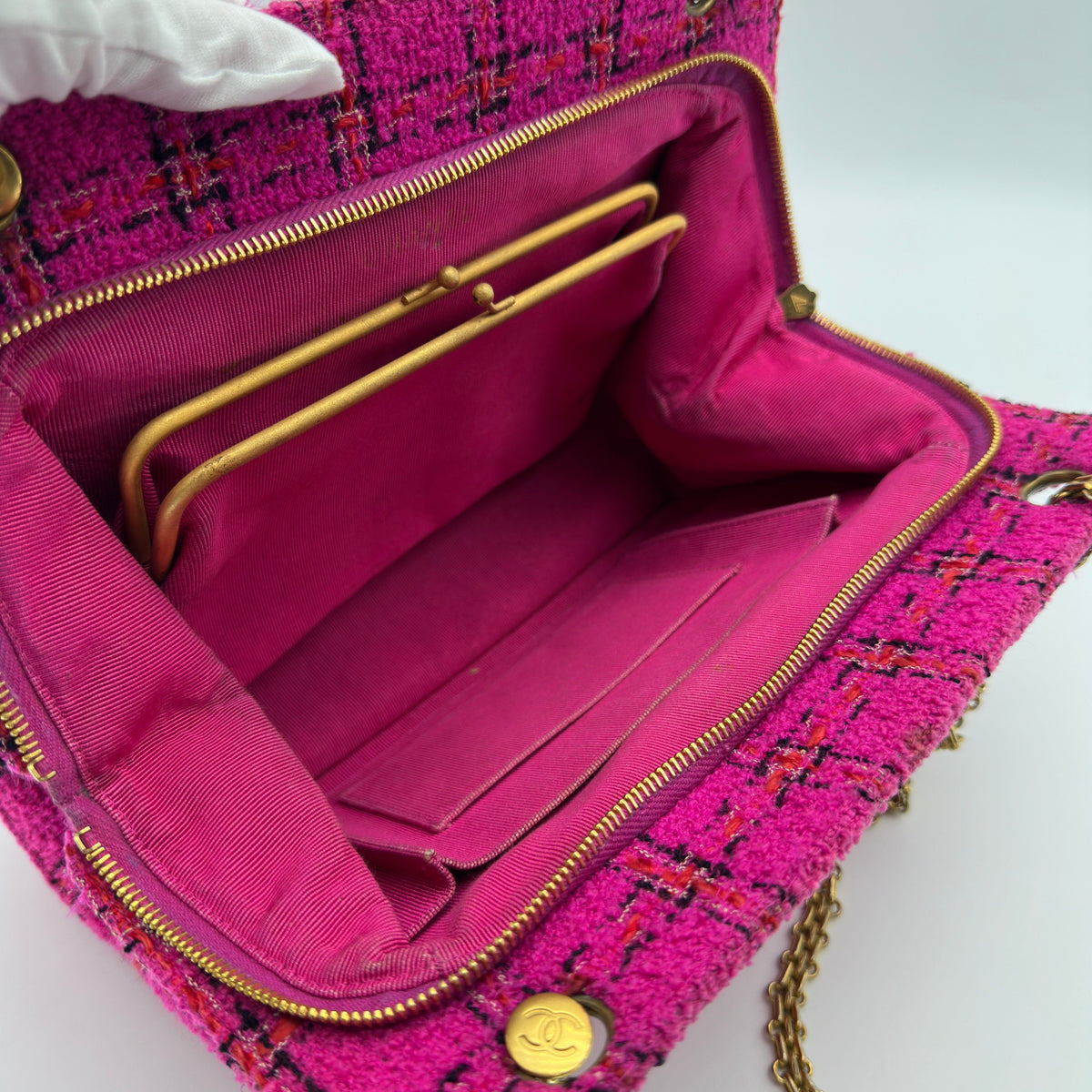 Chanel Vintage Tweed Pink Gold Chain Shoulder Bag