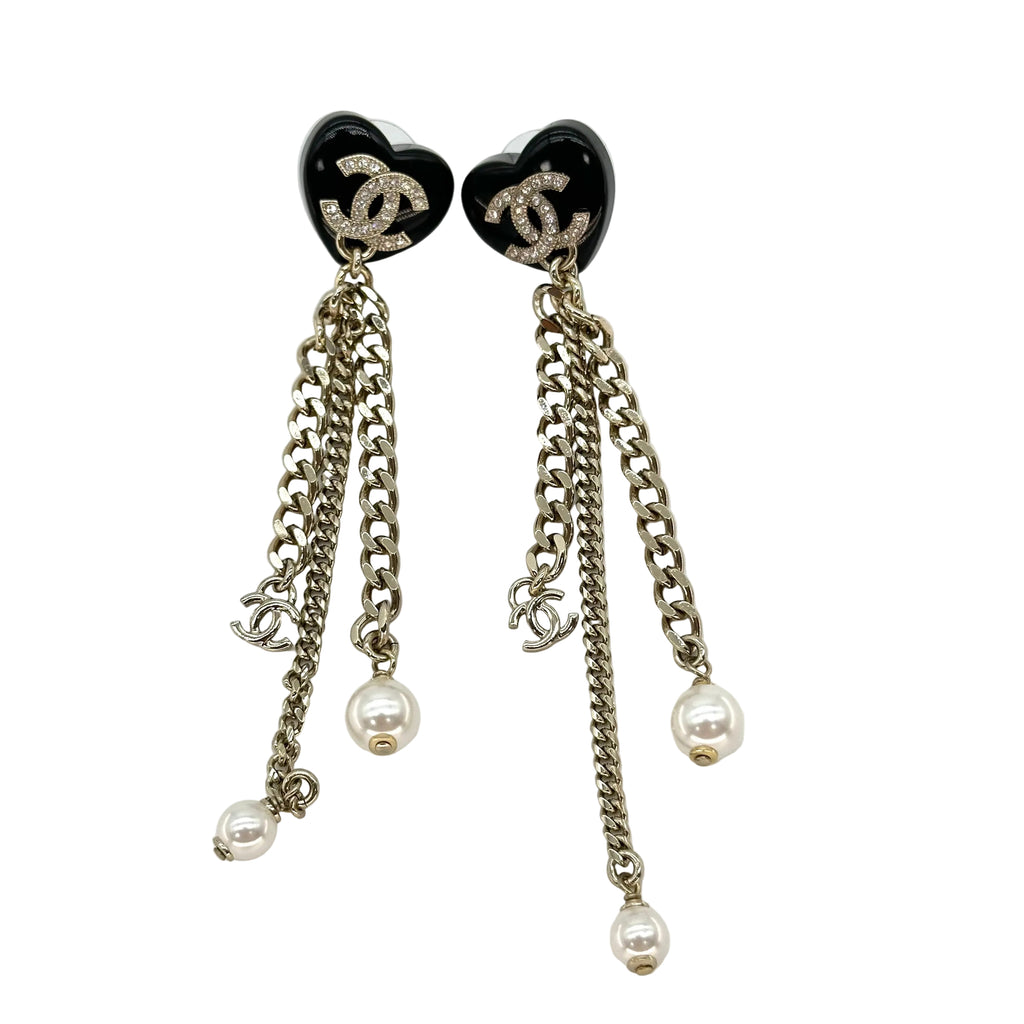 Chanel Black Heart Rhinestone Double CC Tassel Chain Pearl Stud Earrings