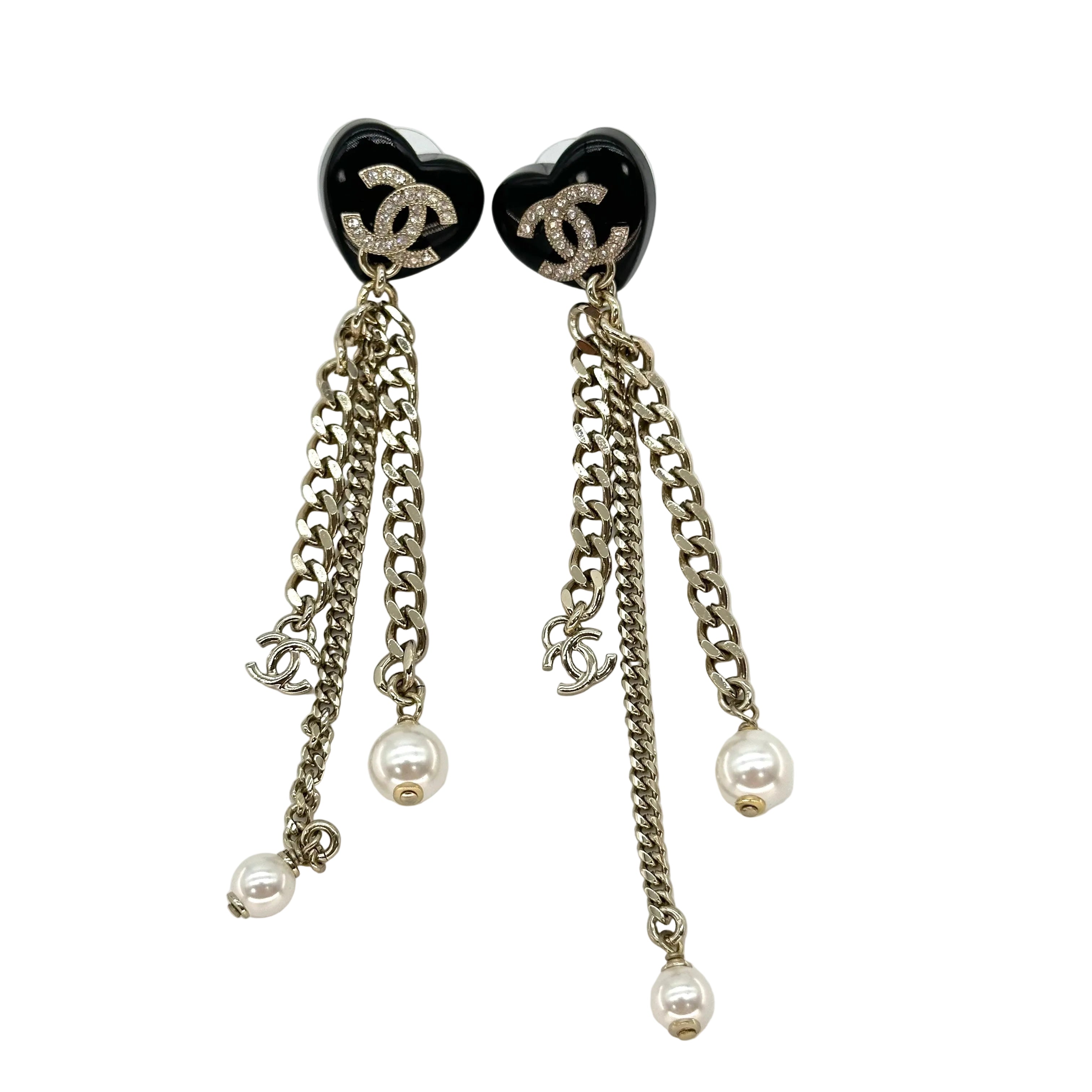 Chanel Black Heart Rhinestone Double CC Tassel Chain Pearl Stud Earrings