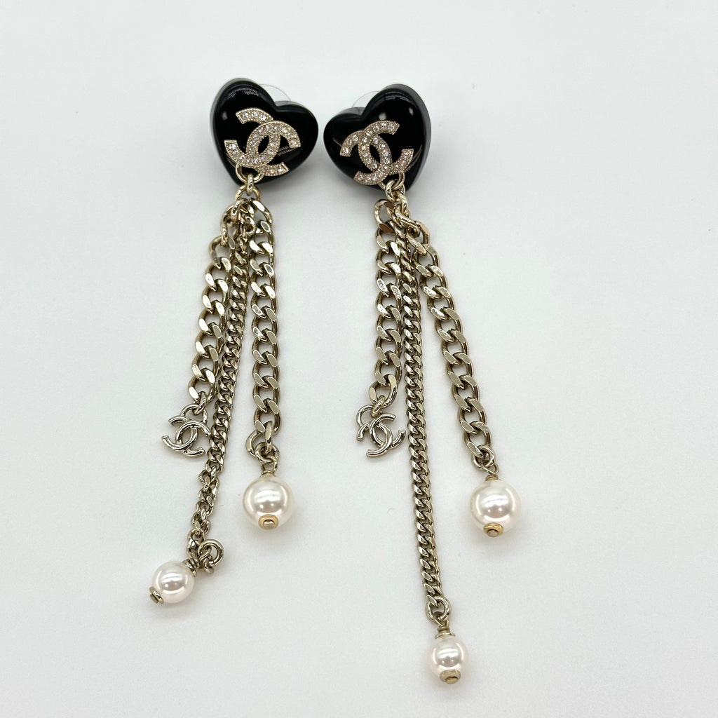 Chanel Black Heart Rhinestone Double CC Tassel Chain Pearl Stud Earrings