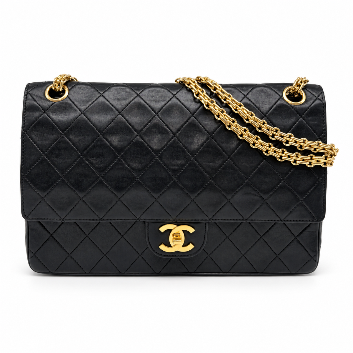Chanel Quilted Lambskin Double Flap Black Chain Shoulder Bag