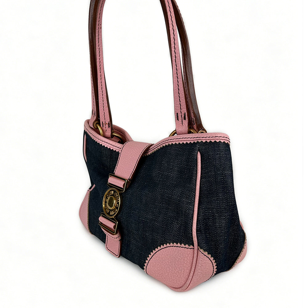 Miu Miu Denim Leather Tote Bag Gold Coin Hardware Pink 2Way Shoulder Handbag Casual Bag
