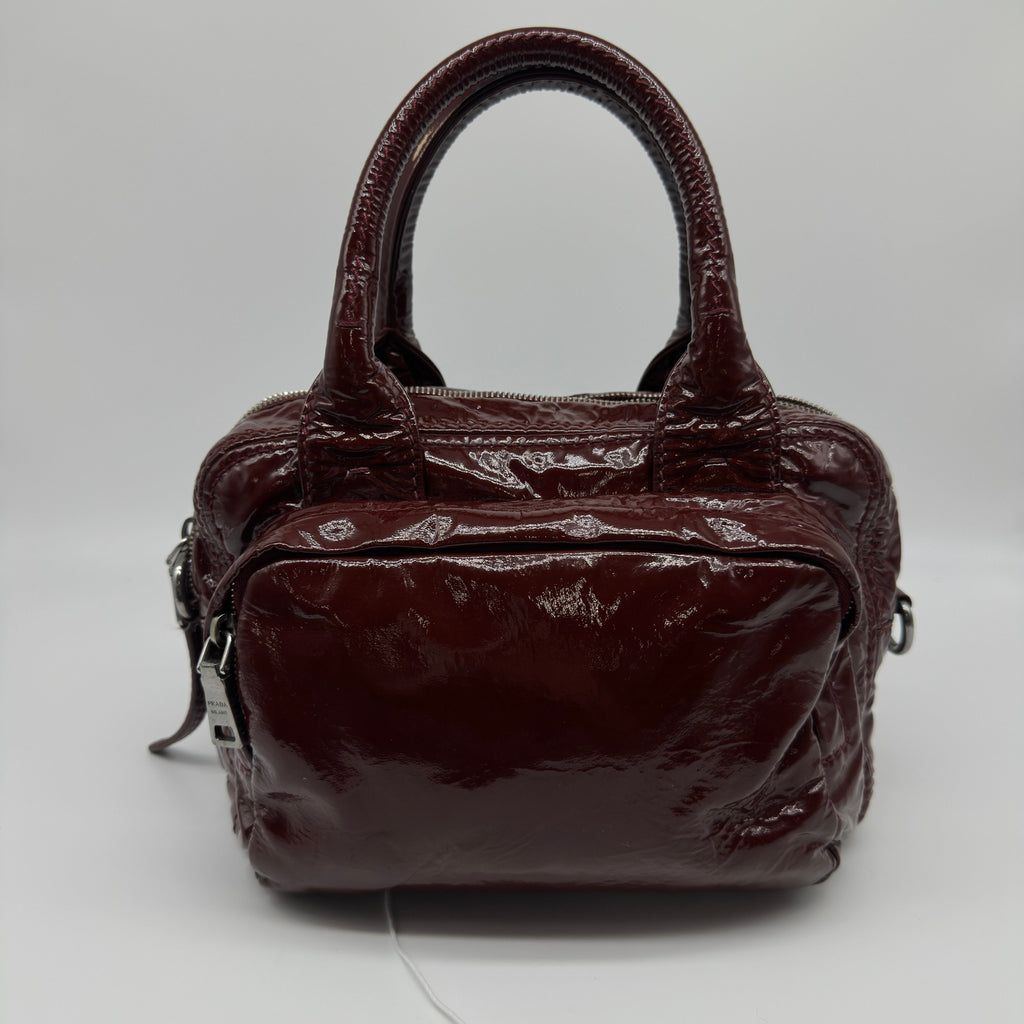 Prada Patent Leather Mini Burgundy Boston Bag