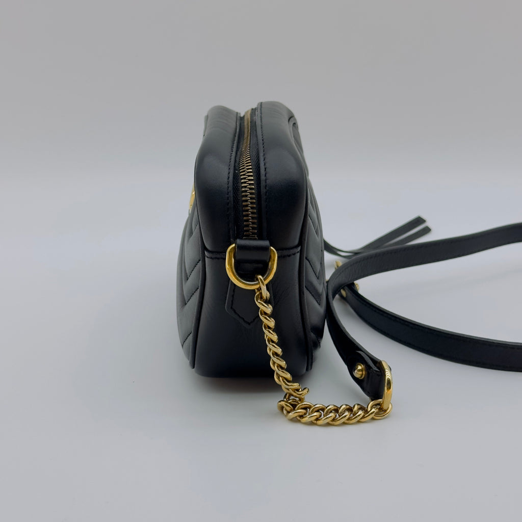 Gucci Matelassé Leather GG Marmont Mini Black Camera Bag