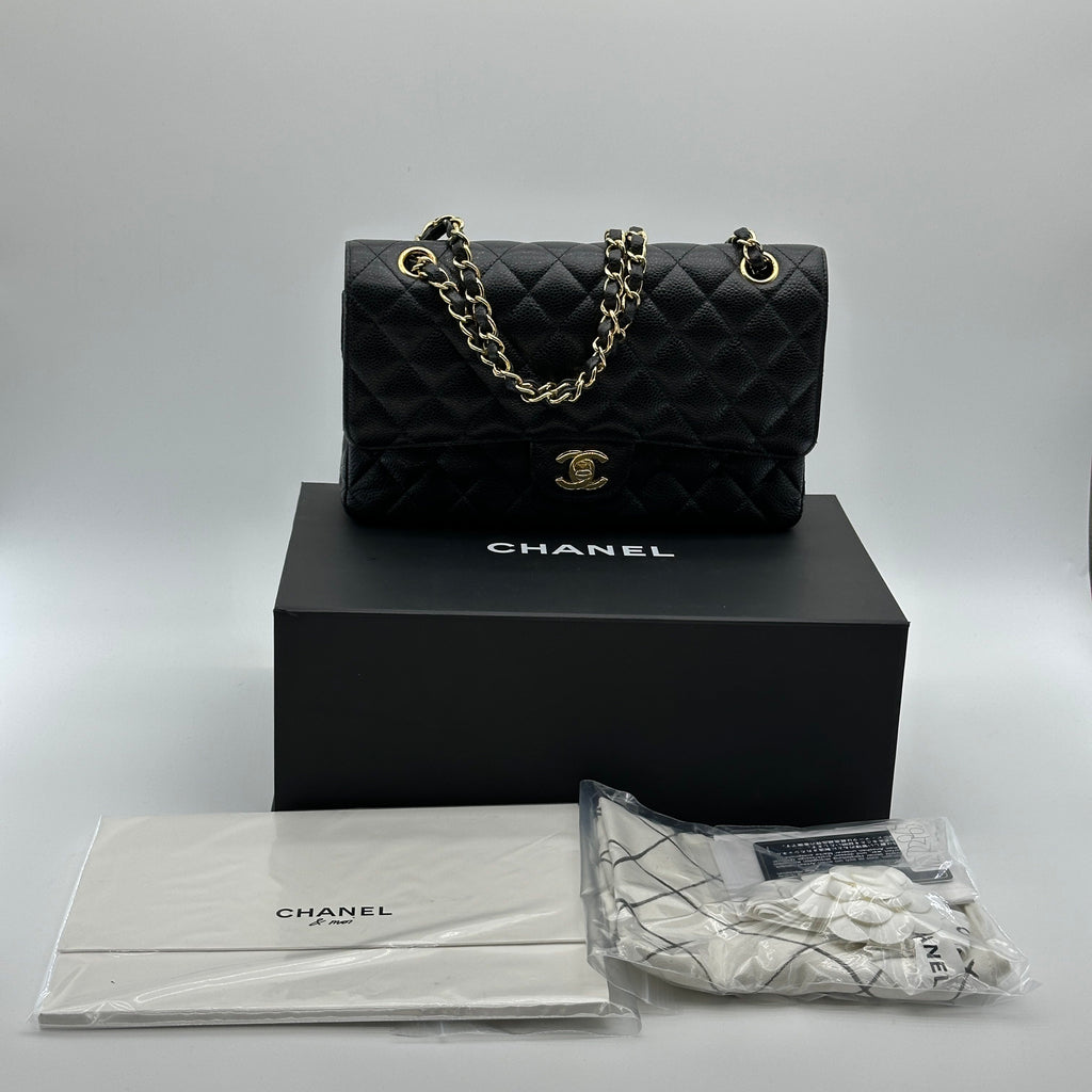 Chanel Matelasse 25 Caviar Skin Double Flap Double Chain Bag Black Gold Metal Fittings 26052533 26XXXXXX A01112