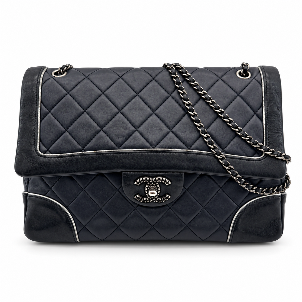 Chanel Matelasse Lambskin Single Flap Double Chain Bag Navy Blue Gunmetal Fittings 21XXXXXX