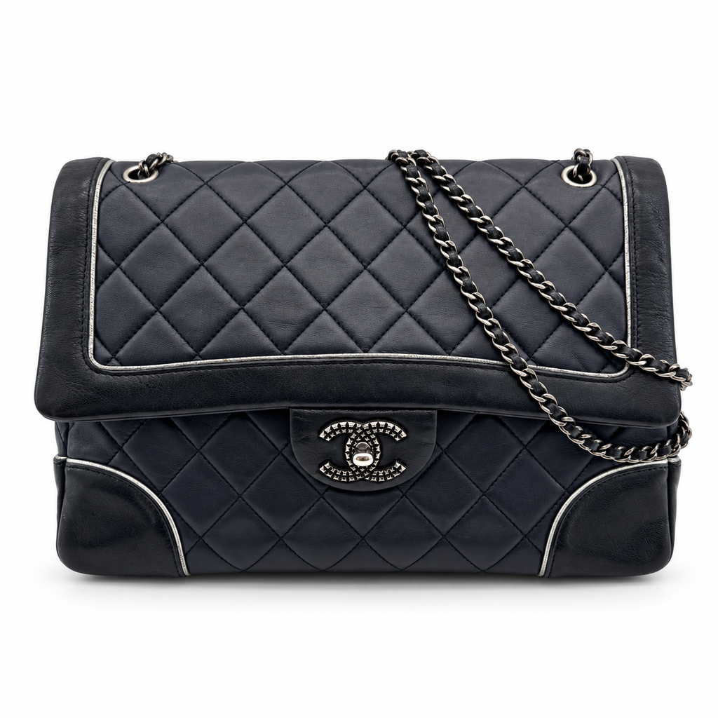 Chanel Matelasse Lambskin Single Flap Double Chain Bag Navy Blue Gunmetal Fittings 21XXXXXX
