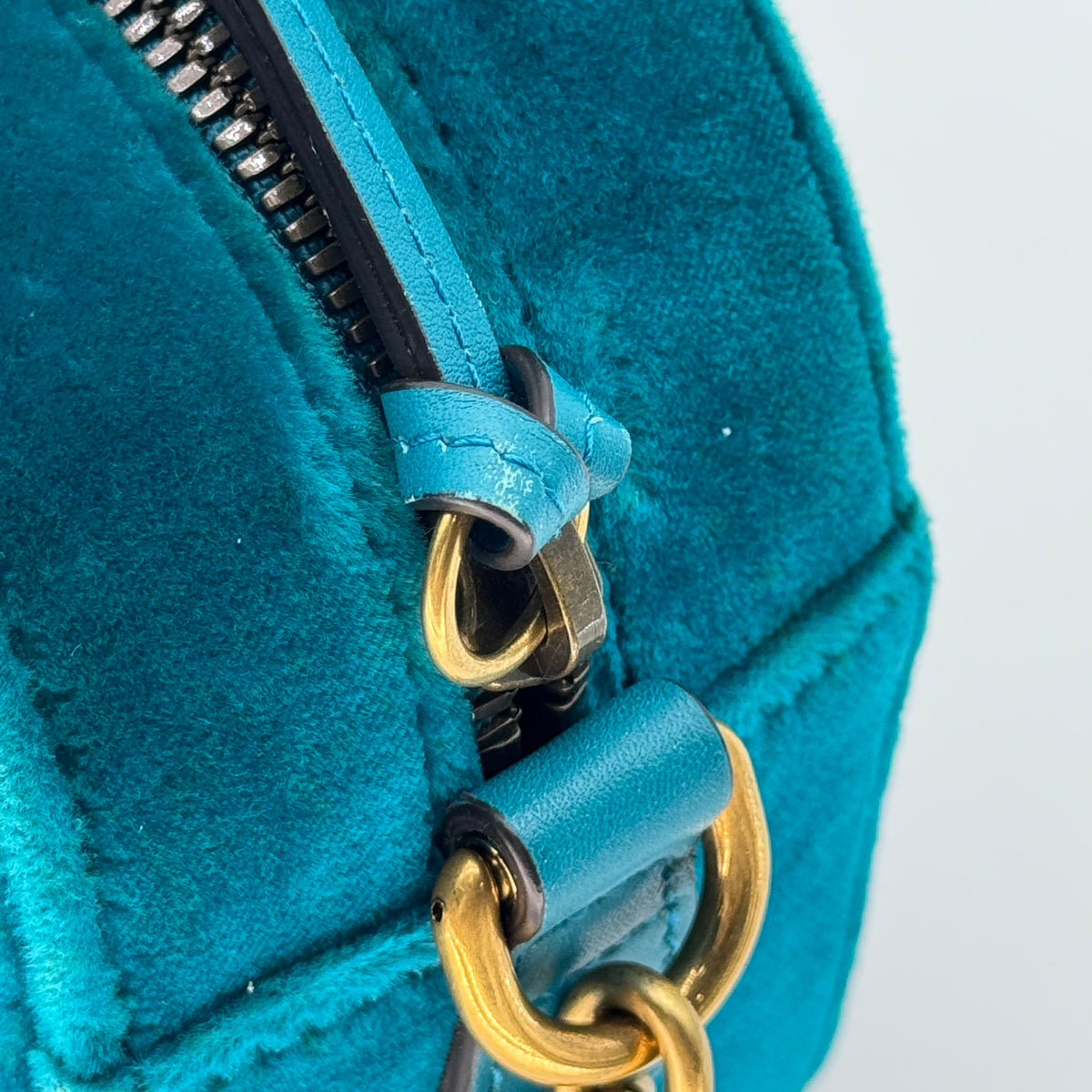 Gucci Quilted Velvet GG Marmont Small Teal Crossbody Bag