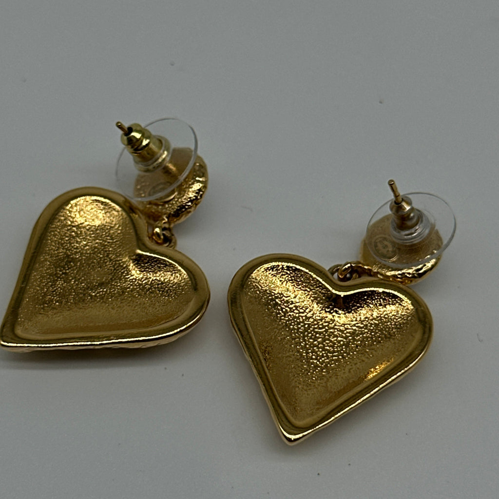 Chanel Gold-Tone Black Enamel CC Logo Faux Pearl Heart Drop Earrings