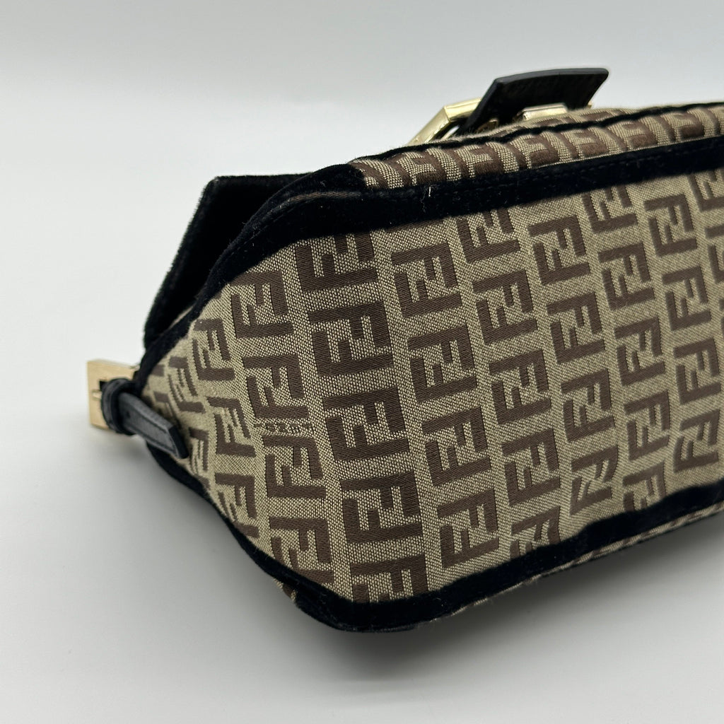 Fendi Zucchino Canvas Mamma Baguette Brown Shoulder Bag