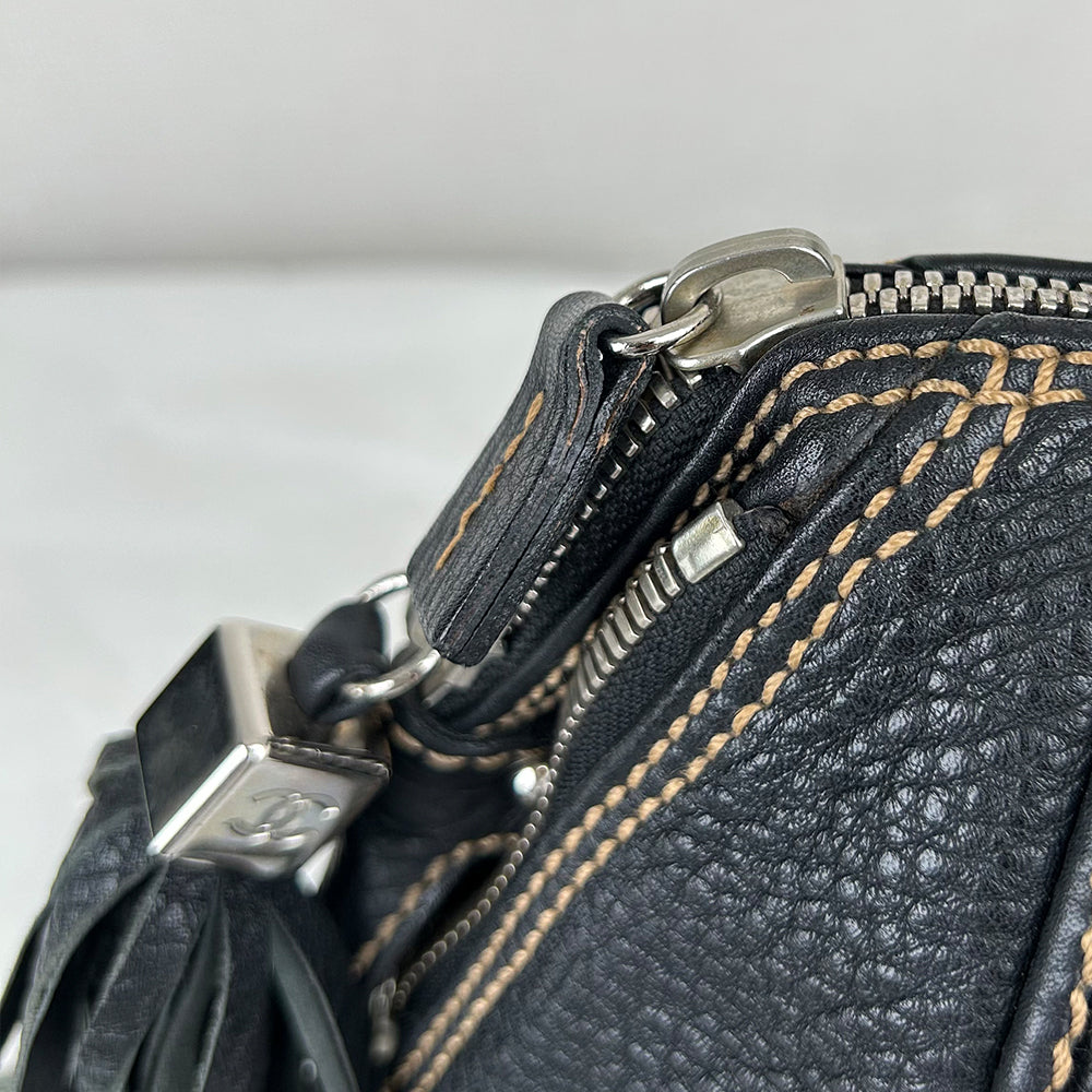 CHANEL Fringe Charm Handbag Mini Boston Bag Logo Embossed Coco Mark Engraved Silver Hardware Leather
