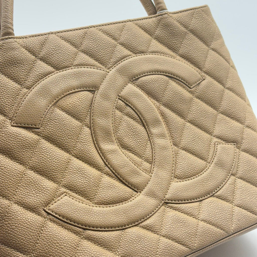 chanel beige quilted caviar leather medallion tote bag