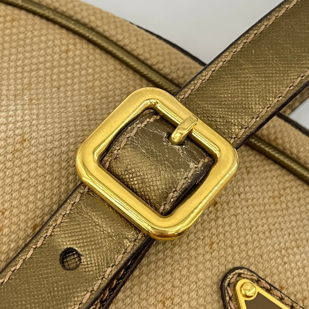 Prada Saffiano Trimmed Gold Bowling Handle Bag Gold Hardware