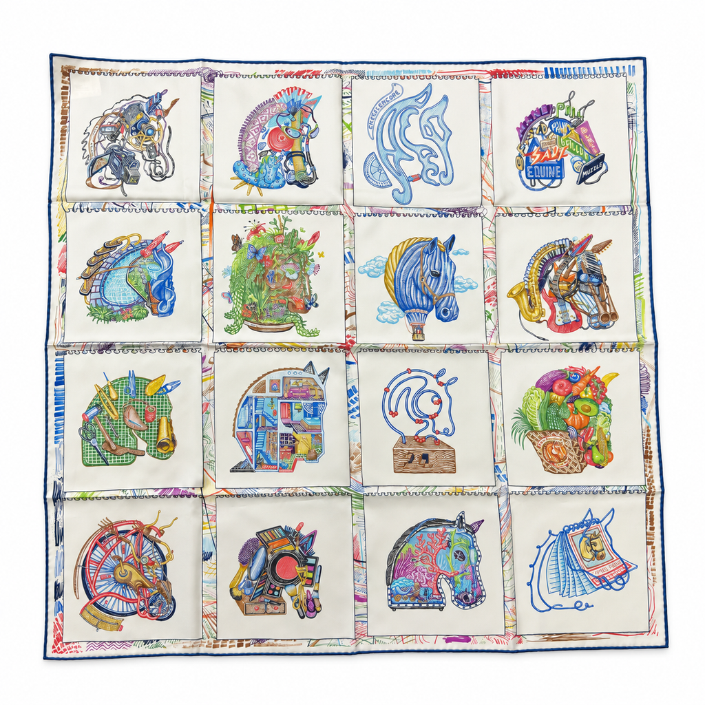 Hermes Carre Horse Motif Multicolor Silk Scarf