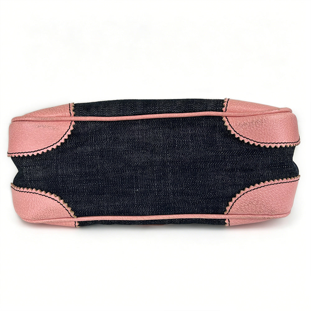 Miu Miu Denim Leather Tote Bag Gold Coin Hardware Pink 2Way Shoulder Handbag Casual Bag
