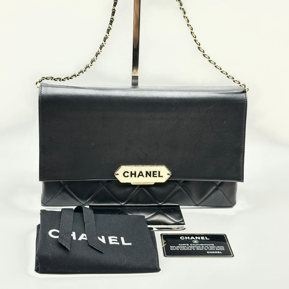 Chanel Matelasse Leather Logo Plate Black Crossbody Bag